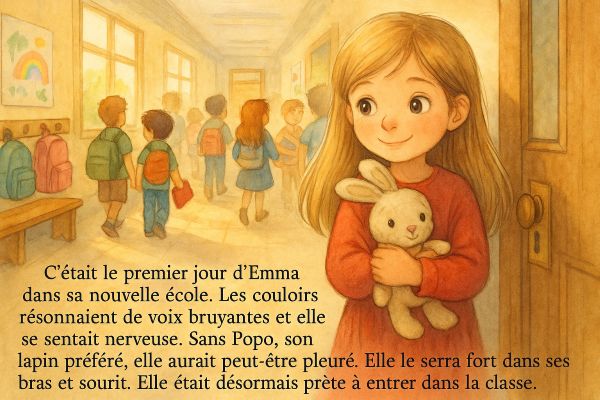 Personalized book illustration of Emma holding a toy bunny on her first day at a new school.