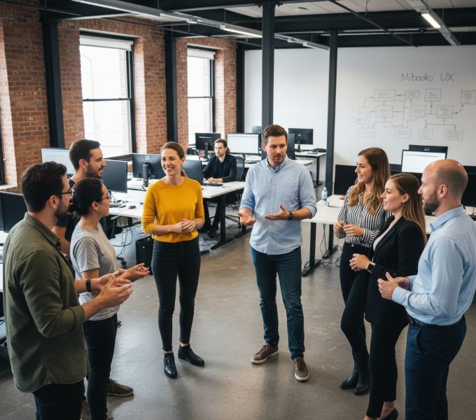 Mibooko team of designers and developers collaborating in the office.