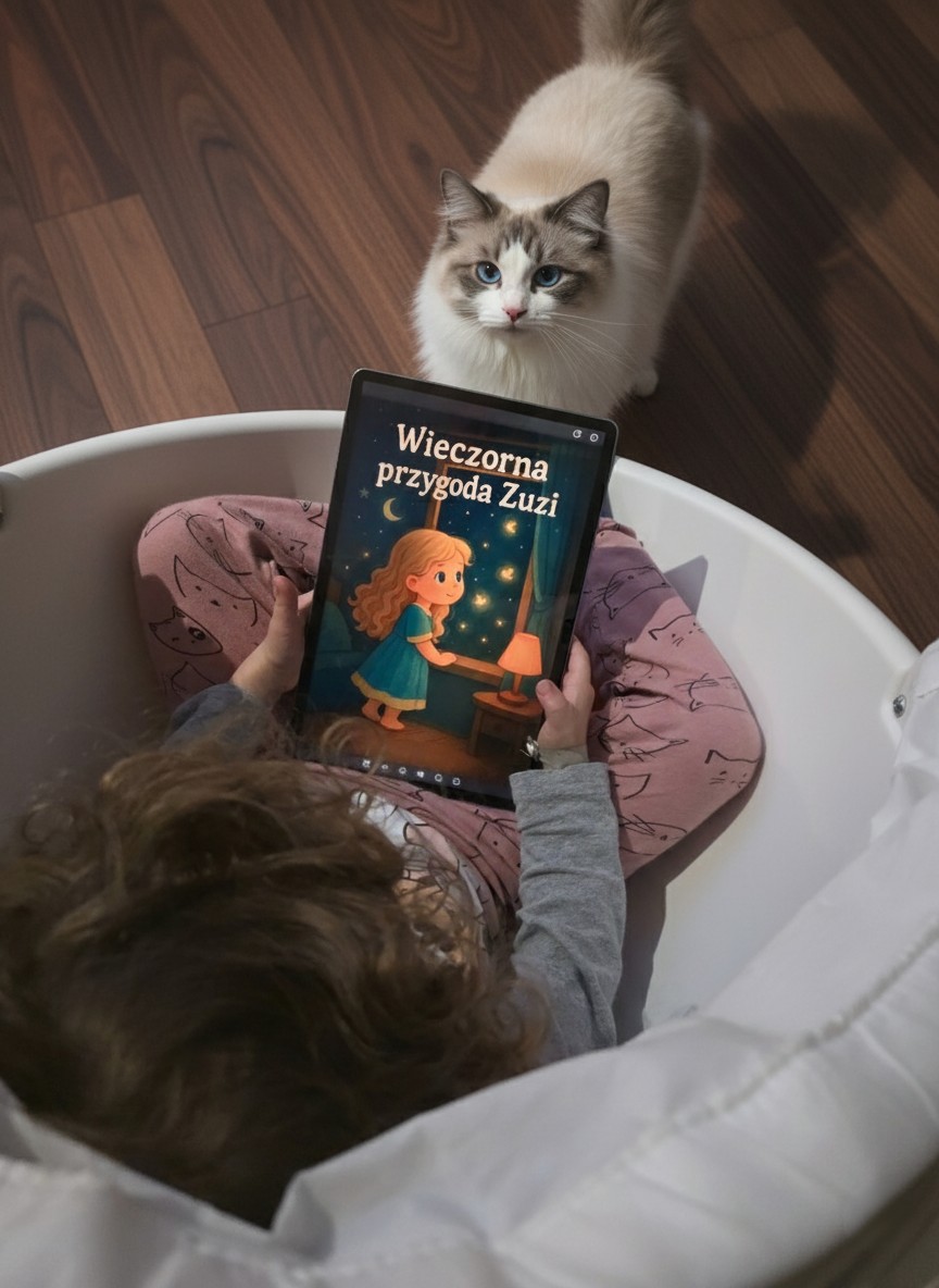 Child reading personalized story on tablet with a cat beside them