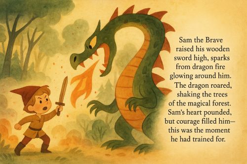 Illustrazione di un bambino che affronta un drago in una storia d'avventura personalizzata