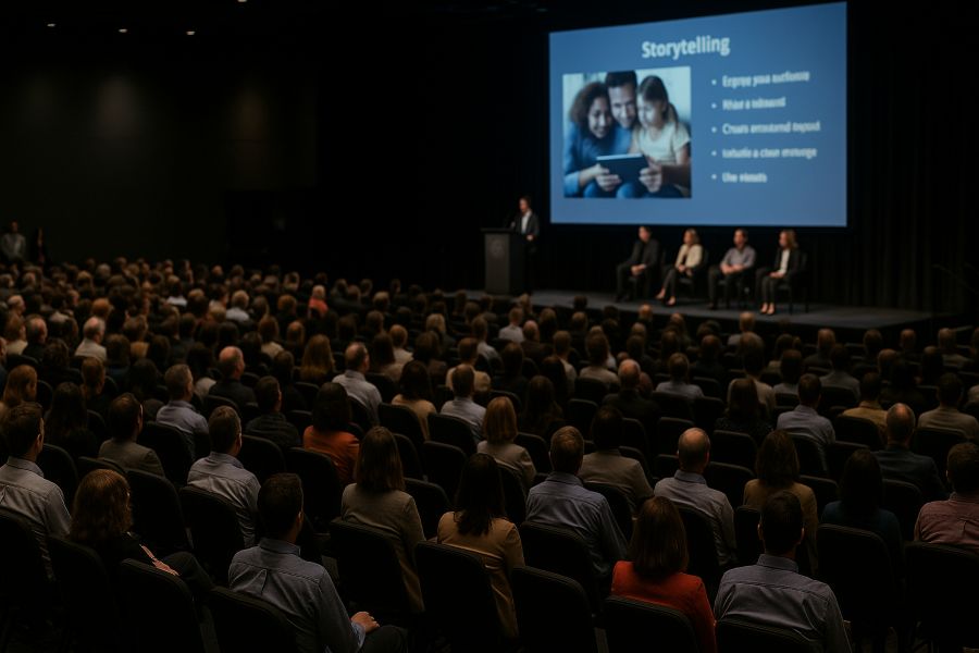 Speaker presenting research on storytelling and personalized children’s books to a large audience.