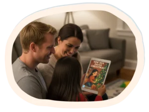 माता-पिता टैबलेट पर बच्चे के साथ व्यक्तिगत पुस्तक पढ़ रहे हैं