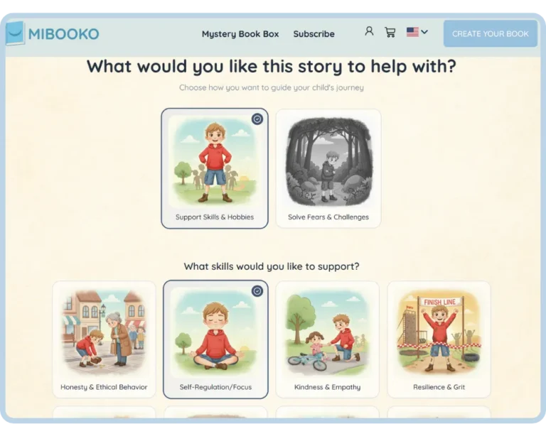 स्क्रीन पर बच्चे की कहानी और कौशल को वैयक्तिकृत करने के विकल्प दिखाए जा रहे हैं