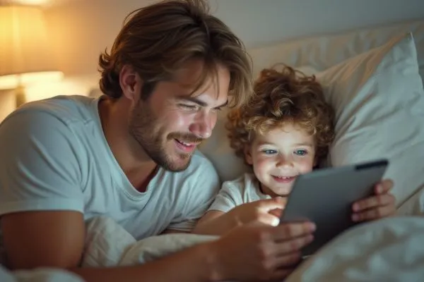 Padre e figlia leggono una favola della buonanotte digitale sul tablet