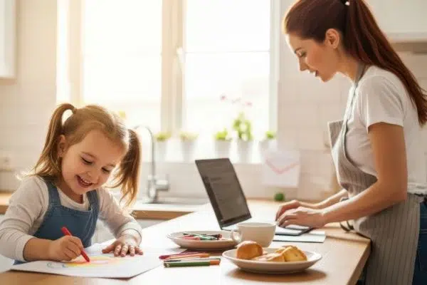 Mutter hilft Tochter beim Personalisieren eines Buches, während sie am Laptop arbeitet