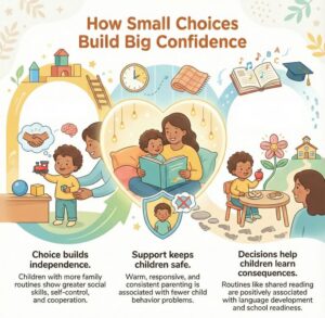 Illustration showing a parent and child reading together and making small choices, highlighting independence, safety, and learning consequences.