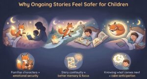 Illustration showing a child experiencing the same story world across bedtime reading, imagination, and sleep, emphasizing comfort and predictability.