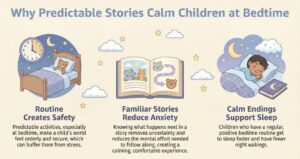Illustration showing bedtime routines with a child, a familiar storybook, and calm endings that support relaxation and sleep.