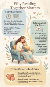Illustration showing a parent and child reading together, highlighting shared attention, talking about the story, and emotional connection during reading time.