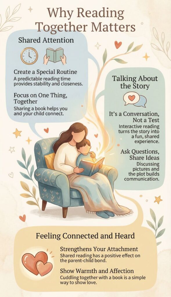 Ilustración que muestra a un padre y un hijo leyendo juntos, resaltando la atención compartida, hablando sobre la historia y la conexión emocional durante el tiempo de lectura.
