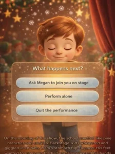 Escena interactiva del libro de cuentos sin fin MIBOOKO que muestra a un niño en un escenario con opciones de historia para que el lector elija "¿Qué sucede después?".