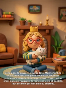 Una acogedora escena ilustrada del libro de cuentos MIBOOKO Endless Storybook que muestra a una niña con una corona abrazando a un gato blanco, reflejando sorpresa, consuelo y el descubrimiento de una historia.