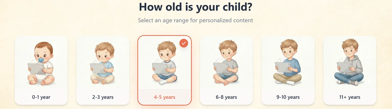 Pantalla del configurador de libros de cuentos MIBOOKO que muestra las opciones de rango de edad para un niño, desde 0-1 año hasta 11+ años.