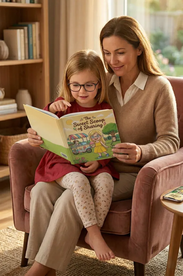 A mother and young girl sitting together in an armchair and reading a personalized printed children’s book in a warm living room.