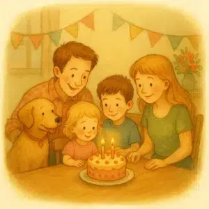 Illustrated family gathered around a birthday cake to represent a personalized birthday story.