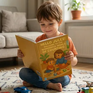 Young boy sitting on the floor reading a personalized printed children’s storybook.