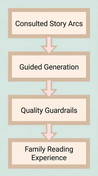 Um diagrama simples do processo MIBOOKO mostrando os arcos narrativos consultados, a geração guiada, os parâmetros de qualidade e a experiência de leitura em família.