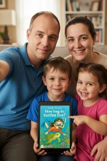 Улыбающаяся семья с двумя детьми держит дома экран для детского чтения.