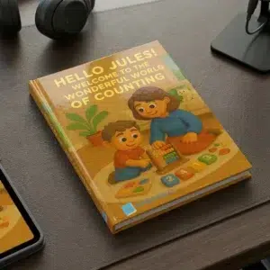 Een gedrukt, gepersonaliseerd MIBOOKO-verhalenboek in hardcover-uitvoering, dat op een bureau ligt.