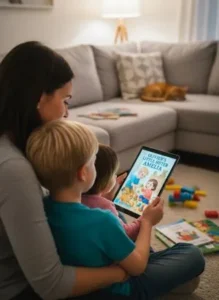 Un padre y sus dos hijos están sentados juntos leyendo un libro de cuentos MIBOOKO Endless Storybook en una tableta, lo que muestra una experiencia de lectura familiar cálida y personal.