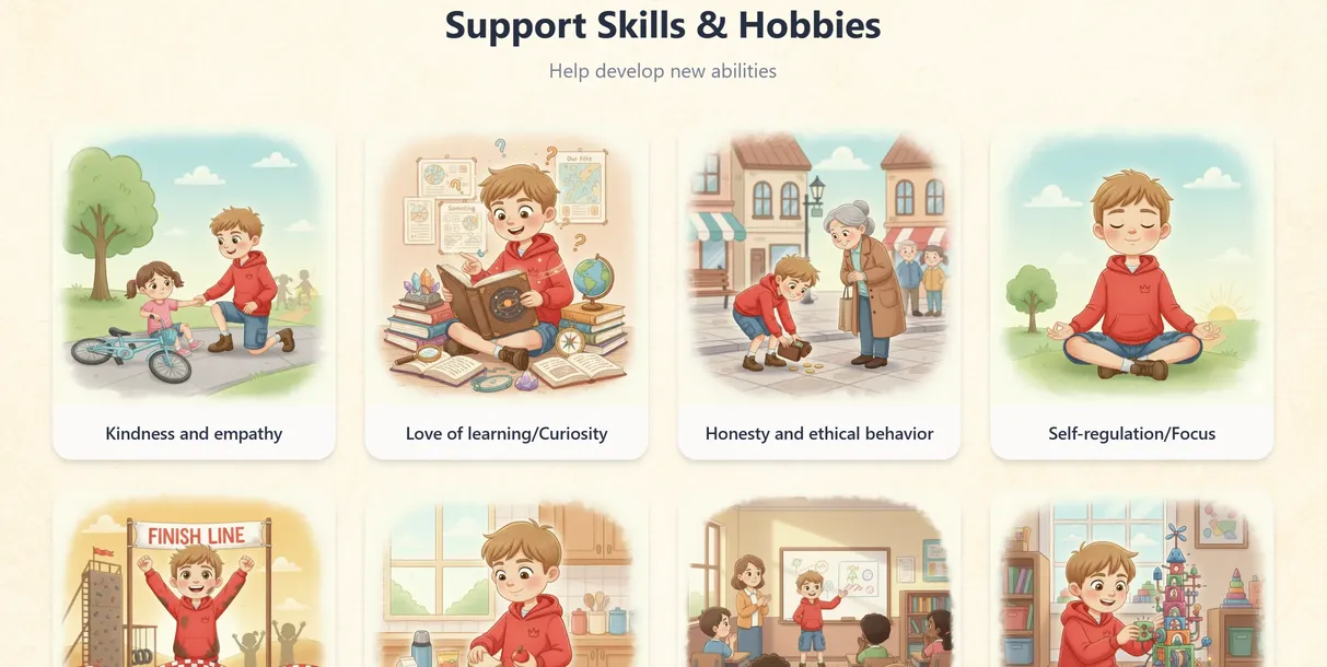 Pantalla del configurador MIBOOKO que muestra opciones de habilidades y aficiones como amabilidad, curiosidad, honestidad y concentración.