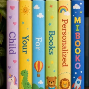 Bunte Buchrücken von Kinderbüchern mit der Aufschrift “Child Your For Books Personalized MIBOOKO” auf einem Bücherregal