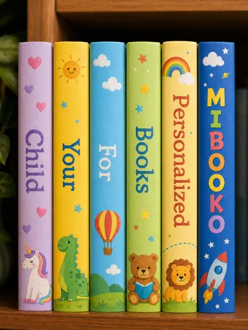 Bunte Buchrücken von Kinderbüchern mit der Aufschrift “Child Your For Books Personalized MIBOOKO” auf einem Bücherregal