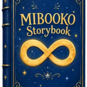 Illustrasjon av et blått MIBOOKO-eventyrbokomslag med et gyllent evighetssymbol, som representerer en endeløs personlig historie for barn.