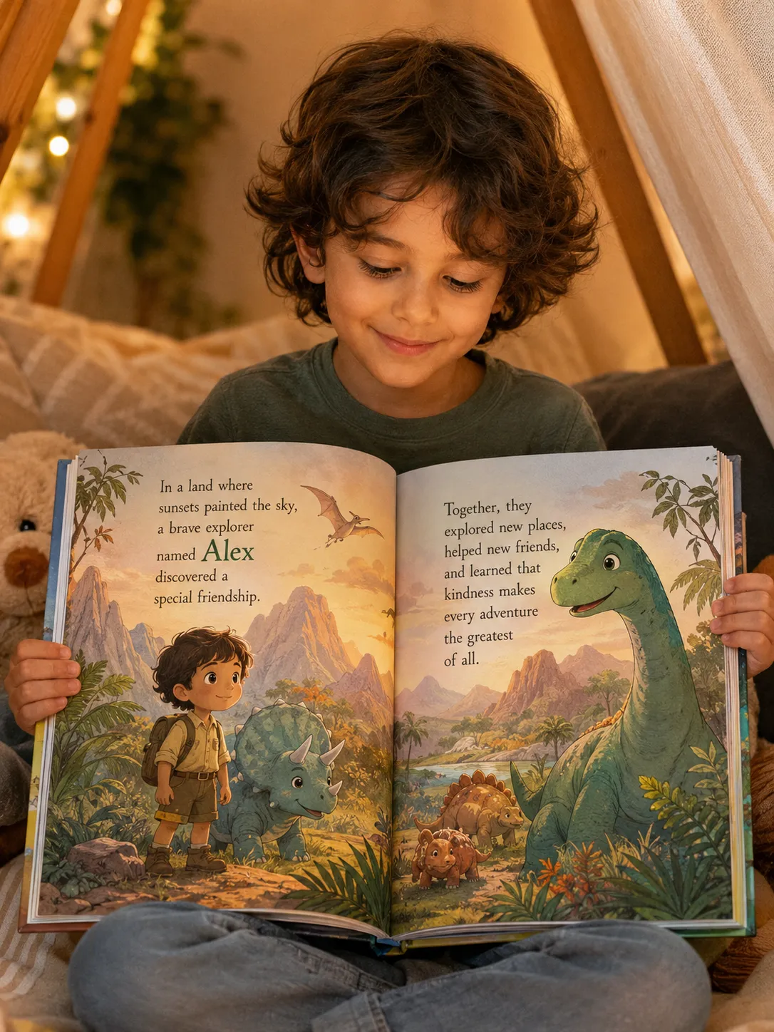 ילד מחזיק ספר סיפורים מותאם אישית פתוח שבו מופיע הגיבור בהרפתקה עדינה של דינוזאור.