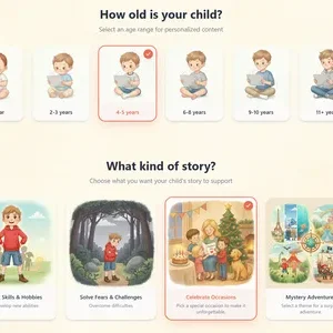 MIBOOKO configurator showing age selection and story type options for creating a personalized children’s book.
