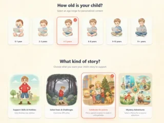 Конфигуратор MIBOOKO, демонстрирующий варианты выбора возраста и типа сюжета для создания персонализированной детской книги.