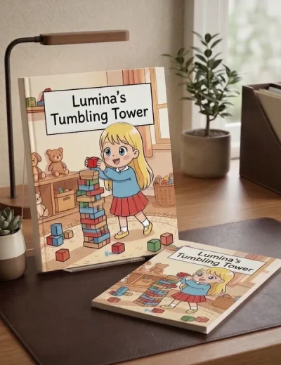 Een gepersonaliseerd kinderboek, zowel in gebonden als paperback uitvoering, staat uitgestald op een bureau bij een lamp en een raam.