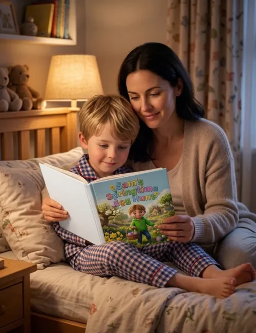 Een moeder en kind zitten in pyjama op een bed en lezen een gepersonaliseerd, gedrukt voorleesboek in een zacht verlichte slaapkamer.