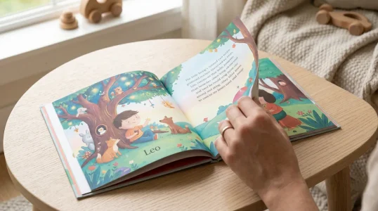 Een open, gepersonaliseerd kinderboek op een houten tafel, met een hand die een bladzijde omslaat en een op maat gemaakte, geïllustreerde verhaalpagina zichtbaar binnenin.