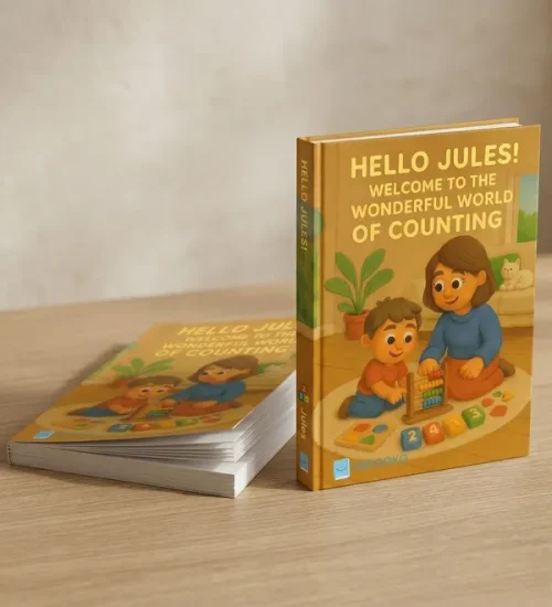 Un libro per bambini personalizzato, presentato in due formati stampati: una versione con copertina rigida in posizione verticale e una versione con copertina flessibile appoggiata orizzontalmente su una superficie di legno.