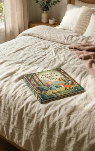 Un libro di fiabe personalizzato per bambini, adagiato su una morbida coperta in una camera da letto tranquilla e illuminata da una calda luce naturale.