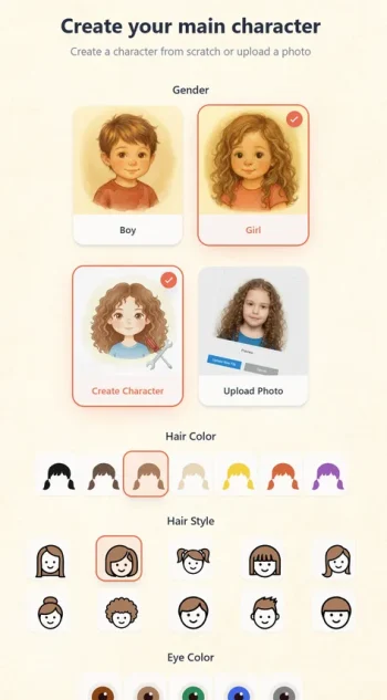 Pantalla del configurador MIBOOKO para crear el personaje principal, con opciones para género, personaje personalizado o carga de foto, color de pelo, estilo de pelo y color de ojos.