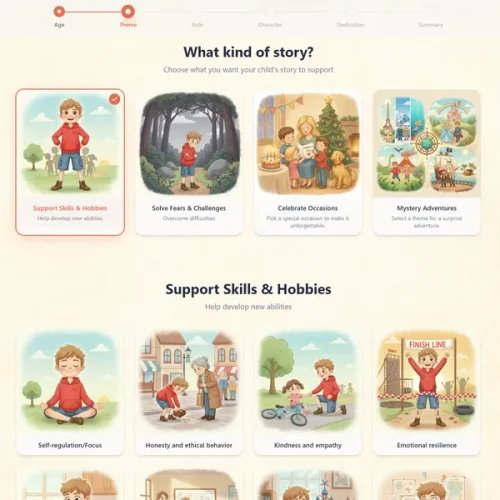 Het MIBOOKO-configuratiescherm toont opties voor het type verhaal en gepersonaliseerde onderwerpkeuzes voordat een gedrukt kinderboek wordt gemaakt.