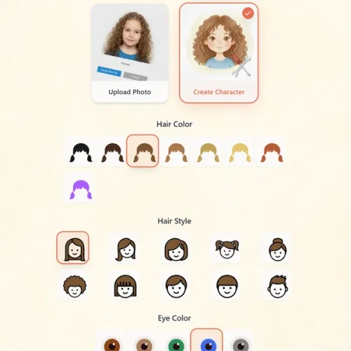 Het MIBOOKO-configuratiescherm voor het creëren van een gepersonaliseerd personage met opties voor het uploaden van een foto, haarkleur, kapsel en oogkleur.