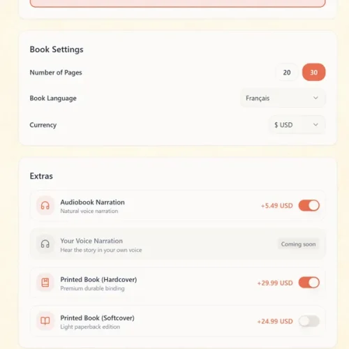 Het MIBOOKO-configuratiescherm toont opties voor gedrukte boeken, zoals paginatelling, taal, valuta, audioboekvertelling, hardcover en paperback.