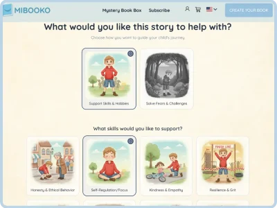 شاشة تعرض خيارات تخصيص قصة الطفل ومهاراته