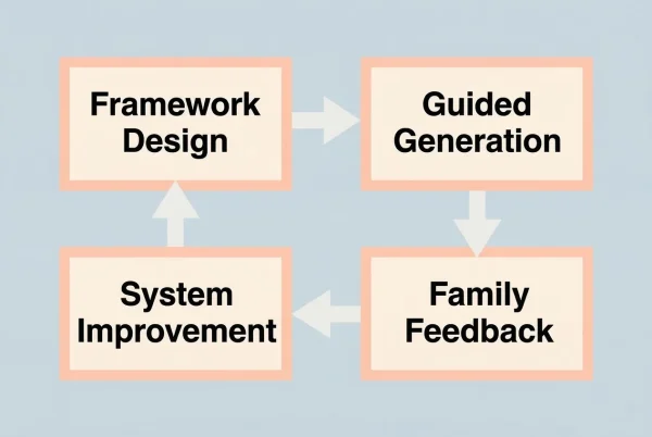 Diagrama de procesos de MIBOOKO que muestra el diseño del marco, la generación guiada, la retroalimentación de la familia y la mejora del sistema en un ciclo continuo.