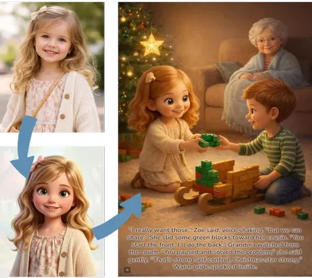 Real child photo turned into a character in a personalized storybook for kids, shown in an illustrated family scene.