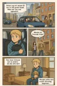 Personalisierte Storyseite im Comic-Stil, in der das Kind die Hauptrolle spielt