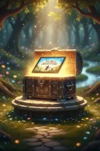 Ein magisches, leuchtendes Buch auf einem antiken Schreibtisch in einer Fantasy-Welt